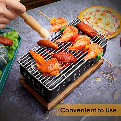 Japanese Style Grill Portable Japanese Barbecue Grill Aluminum Alloy Hibachi Grill Charcoal Stove Yakitori Grill Household Indoor Charcoal Grill with Wire Mesh Wooden Base (Rectangular Style)