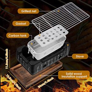 Japanese Style Grill Portable Japanese Barbecue Grill Aluminum Alloy Hibachi Grill Charcoal Stove Yakitori Grill Household Indoor Charcoal Grill with Wire Mesh Wooden Base (Rectangular Style)