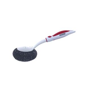 superio grill brush with long handle, red- stainless steel scourer sponge- steel wool scrubber for barbecue, frying pan, pot