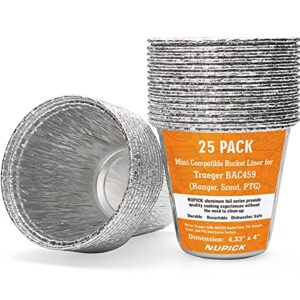 nupick 25 pack mini grease bucket liner for traeger ranger, scout, ptg, grill drip tray for traeger bac459, 4.3″ x 4″