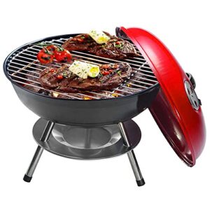 ovente 14-inch portable bbq charcoal grill for outdoor cooking and camping, stainless steel body for heavy duty with dual vent system, perfect for patio or backyard barbecue party, red gqr0400br