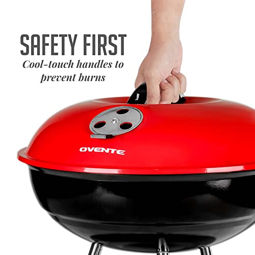 Ovente 14-Inch Portable BBQ Charcoal Grill for Outdoor Cooking and Camping, Stainless Steel Body for Heavy Duty with Dual Vent System, Perfect for Patio or Backyard Barbecue Party, Red GQR0400BR