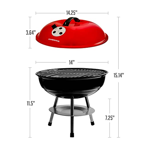 Ovente 14-Inch Portable BBQ Charcoal Grill for Outdoor Cooking and Camping, Stainless Steel Body for Heavy Duty with Dual Vent System, Perfect for Patio or Backyard Barbecue Party, Red GQR0400BR