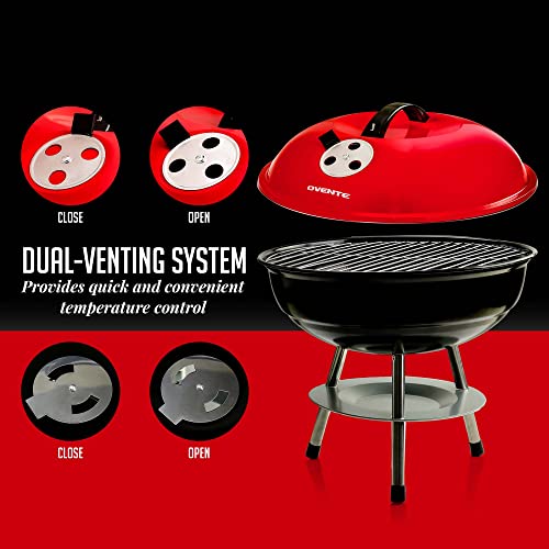 Ovente 14-Inch Portable BBQ Charcoal Grill for Outdoor Cooking and Camping, Stainless Steel Body for Heavy Duty with Dual Vent System, Perfect for Patio or Backyard Barbecue Party, Red GQR0400BR