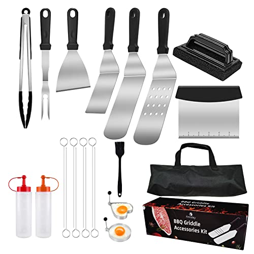 Griddle Accessories Kit, AMISLEY Upgrade 22pcs Flat Top Grill Accessories, Blackstone Grill Accessories with Spatula, Scraper, Cleaning Brush, Carrying Bag, Great Gift for Christmas & Backyard BBQ