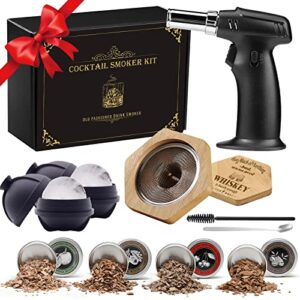 cocktail smoker kit with torch, old fashioned smoker kit for bourbon, wine, whiskey smoker kit, drink smoker infuser kit with 4 kinds of wood smoker chips and 1 ice mold for your dad, husband, friends (no butane)