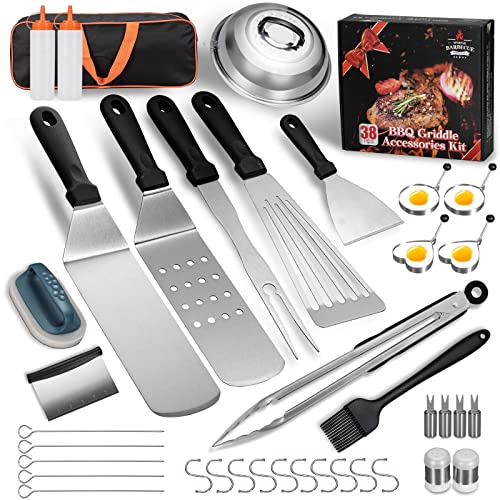 Camping Grill Set Flat Top Grill Accessories, Spurtar 38 PCS BBQ Accessories Outdoor Griddle Accessoriesfor Blackstone and Chef with Basting Cover Barbeque Grill Grilling Accessories with Cleaning Kit