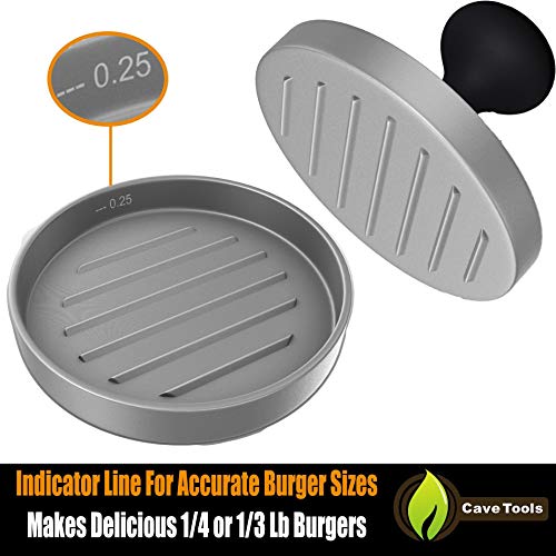 Cave Tools Burger Press - Perfectly Formed Hamburger Maker - Includes 200 Non Stick Patty Papers for Making 1/4 lb or 1/3 lb Stuffed Pocket Burgers - Aluminum Presser