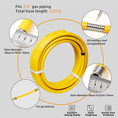 Kinchoix 100ft 3/4'' Natural Gas Hose Line Corrugated Stainless Steel Tubing with 2 Male Fittings Anti-Cracking Used for Construction Heaters NG Appliance Propane Equipment