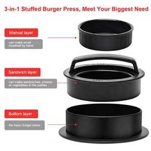 Luxiv 3 in 1 Burger Press, Hamburger Patty Maker Stuffed Burgers Press with 100p Burger Paper for BBQ Non-Stick Sliders Beef Burger Press (Black)