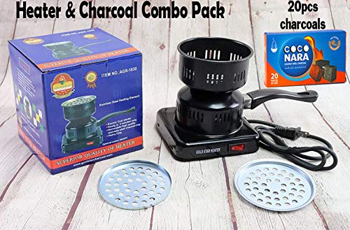 Gold Star* Electric Charcoal Fast Starter, Fire Burner Stove for Hookah, Shisha, Nargila, BBQ, Fire Starter, Coal Burn + Coco NARA Natural Coconut Shell Charcoal [ Heater & Charcoals Combo Pack ]