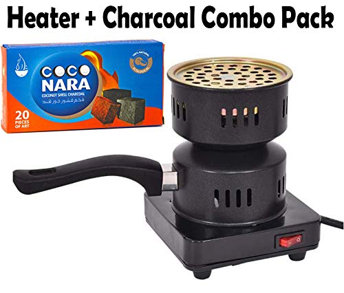 Gold Star* Electric Charcoal Fast Starter, Fire Burner Stove for Hookah, Shisha, Nargila, BBQ, Fire Starter, Coal Burn + Coco NARA Natural Coconut Shell Charcoal [ Heater & Charcoals Combo Pack ]