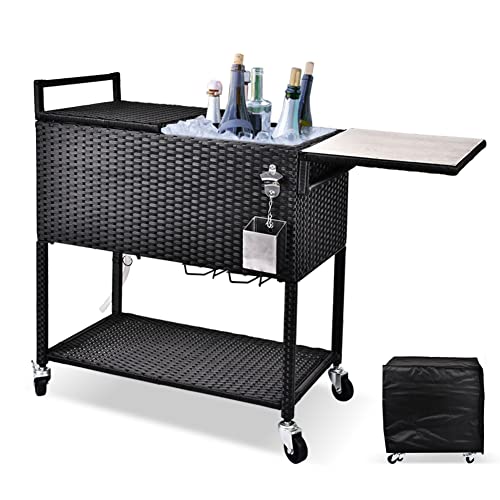 LEISU Rolling Wicker Cooler Cart Outdoors, 80 Quart Ice Chest with Bottle Opener, Portable Beverage Bar for Patio Pool Party, Rattan Cooler Trolley with Stainless Cutting Board and Waterproof Cover