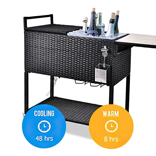 LEISU Rolling Wicker Cooler Cart Outdoors, 80 Quart Ice Chest with Bottle Opener, Portable Beverage Bar for Patio Pool Party, Rattan Cooler Trolley with Stainless Cutting Board and Waterproof Cover