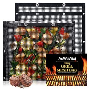 2 pack bbq mesh grill bags for outdoor grill reusable, 12 x 9.5 inch barbecue bags non-stick for open smokers, bbq veggie grill bags for cooking vegetables grilling bag pouches with snap button