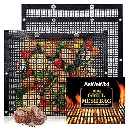 2 Pack BBQ Mesh Grill Bags for Outdoor Grill Reusable, 12 x 9.5 Inch Barbecue Bags Non-Stick for Open Smokers, BBQ Veggie Grill Bags for Cooking Vegetables Grilling Bag Pouches with Snap Button