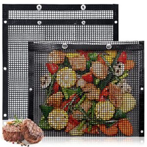 2 Pack BBQ Mesh Grill Bags for Outdoor Grill Reusable, 12 x 9.5 Inch Barbecue Bags Non-Stick for Open Smokers, BBQ Veggie Grill Bags for Cooking Vegetables Grilling Bag Pouches with Snap Button