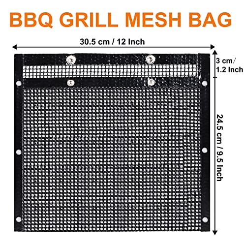 2 Pack BBQ Mesh Grill Bags for Outdoor Grill Reusable, 12 x 9.5 Inch Barbecue Bags Non-Stick for Open Smokers, BBQ Veggie Grill Bags for Cooking Vegetables Grilling Bag Pouches with Snap Button