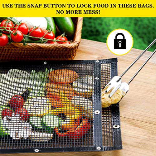 2 Pack BBQ Mesh Grill Bags for Outdoor Grill Reusable, 12 x 9.5 Inch Barbecue Bags Non-Stick for Open Smokers, BBQ Veggie Grill Bags for Cooking Vegetables Grilling Bag Pouches with Snap Button