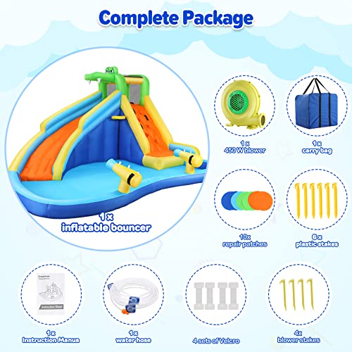 WONFUY Inflatable Water Slide, Kids Pool Slide Bounce House with Blower for Wet and Dry, Climbing, Splash Pool, Water Gun, Basketball Rim, Inflatable Water Park Backyard Waterslide Bouncy Castle