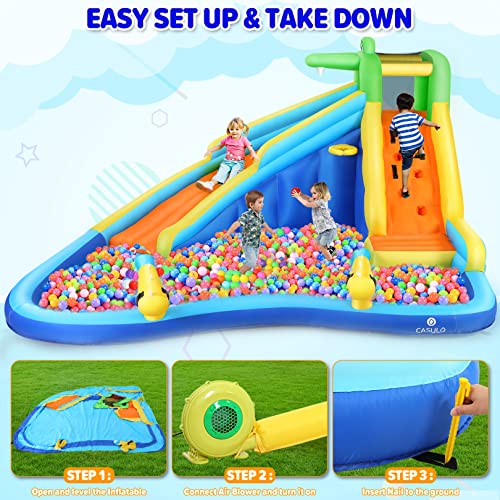 WONFUY Inflatable Water Slide, Kids Pool Slide Bounce House with Blower for Wet and Dry, Climbing, Splash Pool, Water Gun, Basketball Rim, Inflatable Water Park Backyard Waterslide Bouncy Castle