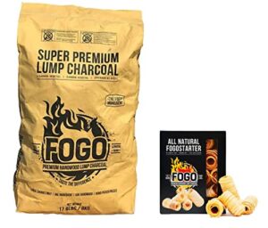fogo super premium hardwood lump charcoal, natural large sized lump charcoal, 17.6 pound bag and fogo fogostarters natural fire starters, 30 count box, bundle