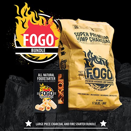 FOGO Super Premium Hardwood Lump Charcoal, Natural Large Sized Lump Charcoal, 17.6 Pound Bag and FOGO Fogostarters Natural Fire Starters, 30 Count Box, Bundle