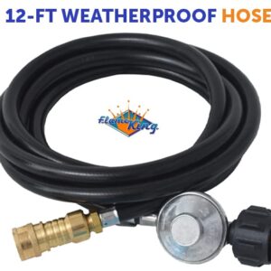 Flame King FK-HTR-QC12FT Propane Gas 3/8" Quick Connect Hose Adapter 20LB Tank Regulator Kit for Buddy Mr Heaters, 12.5 Ft, Black