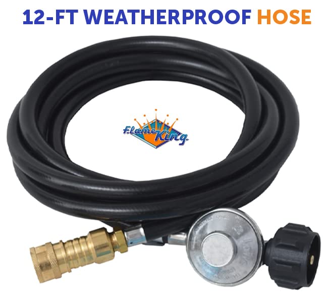 Flame King FK-HTR-QC12FT Propane Gas 3/8" Quick Connect Hose Adapter 20LB Tank Regulator Kit for Buddy Mr Heaters, 12.5 Ft, Black