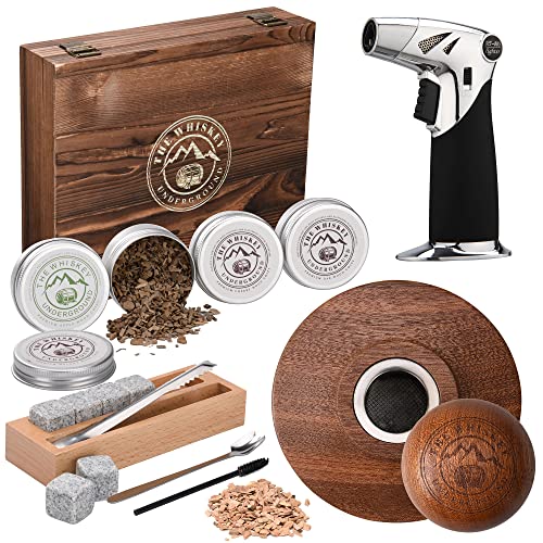 The Whiskey Underground Whiskey Smoker Kit - Cocktail Smoking Kit With Smoking Top, Butane Torch, Tongs, Whiskey Stones - Apple, Cherry, Oak, Walnut Wood Chips - Premium Wooden Box - 11.88x9.96x2.75 Great Gift Set For Husband, Father, Groomsmen. Perfect f