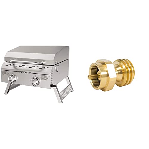 Megamaster 2-Burner Outdoor Tabletop Propane Gas Grill in Stainless Steel & GasOne Steak Saver Adapter 1 LB Propane Gas Grill Adapter Converter Universal 1 Pound / 16.4oz 1''-20 Male