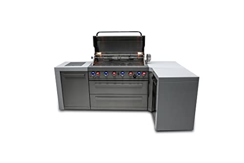 Mont Alpi MAi805-D90 44-inch 6-Burner 115000 BTU 90 Degree Corner Deluxe Stainless Steel Gas Outdoor Kitchen Barbecue Island Grill + Infrared Side & Rear Burners + Granite Countertops + Storage Drawers