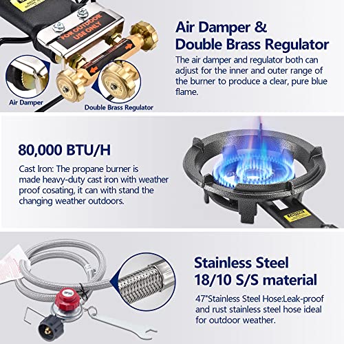 ARC Outdoor Propane Burner Stove, 13" Single Propane Burner, Cast Iron Portable Propane Burner With 0-20 PSI CSA Adjustable Regulator And Stainless Steel Hose, Perfect For Outdoor Wok Burner