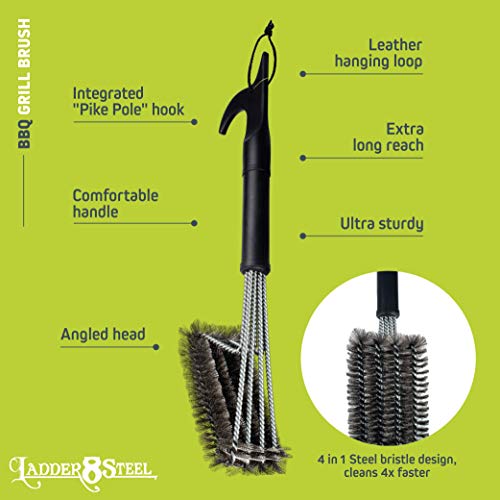 Jolly Green Products 4-in-1 Grill Brush and Scraper, Steel Bristles, Grill Cleaner with 18-Inch Handle, Will Not Scratch or Damage Grate, Perfect BBQ Grilling Gifts for Men