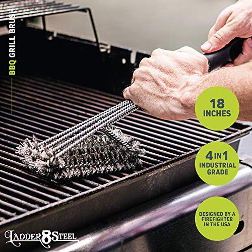 Jolly Green Products 4-in-1 Grill Brush and Scraper, Steel Bristles, Grill Cleaner with 18-Inch Handle, Will Not Scratch or Damage Grate, Perfect BBQ Grilling Gifts for Men