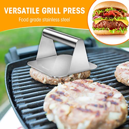 Aigrettei Burger Press - Heavy Duty Smooth Stainless Steel Hamburger Presser for Grill, Griddle, Patty, Bacon, Ham & Grilled Sandwich - Non-Stick & Dishwasher Safe, Grilling Accessories - 5.5x5.5