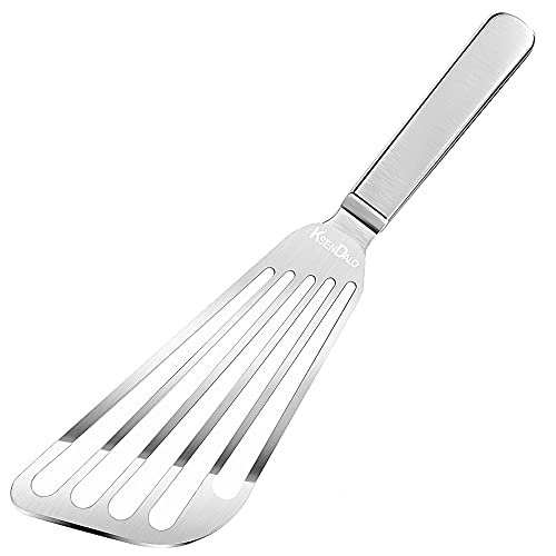 KSENDALO 11.8inch Fish Spatula Stainless Steel Elegant Flexible Sturdy Thin Blade Slotted Spatula for Cooking Slotted Engled Flexible Flipper Egg Spatula (Silver)