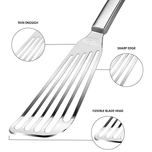 KSENDALO 11.8inch Fish Spatula Stainless Steel Elegant Flexible Sturdy Thin Blade Slotted Spatula for Cooking Slotted Engled Flexible Flipper Egg Spatula (Silver)