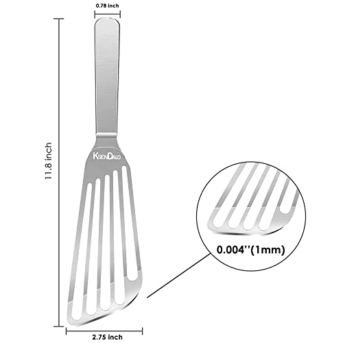KSENDALO 11.8inch Fish Spatula Stainless Steel Elegant Flexible Sturdy Thin Blade Slotted Spatula for Cooking Slotted Engled Flexible Flipper Egg Spatula (Silver)