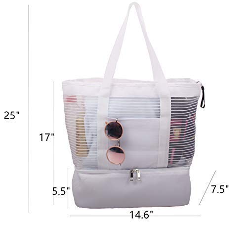 Large Mesh Beach Tote Bag with Zipper and Insulated Picnic Cooler Leak-proof for Beach Pool Outdoor Trave Gym