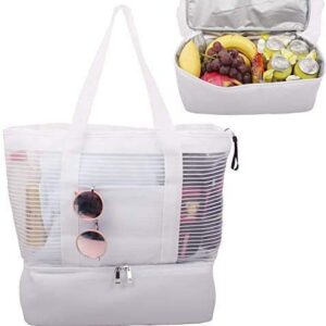 Large Mesh Beach Tote Bag with Zipper and Insulated Picnic Cooler Leak-proof for Beach Pool Outdoor Trave Gym