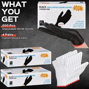 200 Pcs Disposable BBQ Gloves with 4 Pairs Cotton Liners Grilling Gloves Kit BBQ Cooking Gloves Washable Cotton Liners for Outdoor Cooking Grilling Smokers and Barbecue (Black, White, X-Large)