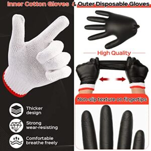 200 Pcs Disposable BBQ Gloves with 4 Pairs Cotton Liners Grilling Gloves Kit BBQ Cooking Gloves Washable Cotton Liners for Outdoor Cooking Grilling Smokers and Barbecue (Black, White, X-Large)