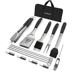 haushof large grilling accessories, bbq grill set, heavy duty stainless steel barbecue utensils with 16-1/2″ spatula, brush, fork, tongs, skewers, thermometer, bag, ideal gift, 15pcs