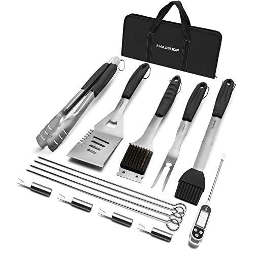 HAUSHOF Large Grilling Accessories, BBQ Grill Set, Heavy Duty Stainless Steel Barbecue Utensils with 16-1/2" Spatula, Brush, Fork, Tongs, Skewers, Thermometer, Bag, Ideal Gift, 15PCS