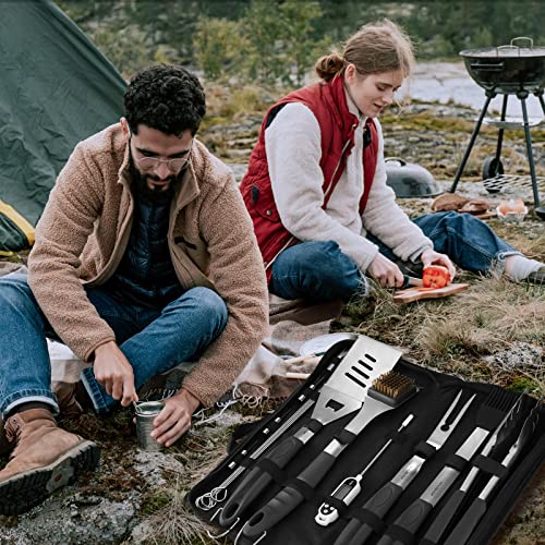 HAUSHOF Large Grilling Accessories, BBQ Grill Set, Heavy Duty Stainless Steel Barbecue Utensils with 16-1/2" Spatula, Brush, Fork, Tongs, Skewers, Thermometer, Bag, Ideal Gift, 15PCS