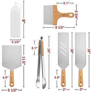 Heavy-Duty Griddle Spatula Set for Blackstone, Heat-Resistant Wooden Handle, Come with Tongs and Squeeze Bottles, 7-Piece