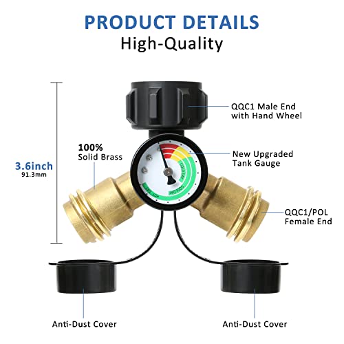 ATKKE Propane Y Splitter, Propane Tank Gauge, Gas Bottle Adapter, 2 Way LP Gas Level Indicator for 5lb-40lb Propane Cylinder, Great for BBQ, Gas Grill, RV, Camping Stove, Heater