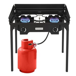 rovsun 2 burner outdoor propane gas stove with windscreen, 150,000 btu high pressure stand cooker for backyard cooking camping home brewing canning turkey frying, 20 psi regulator