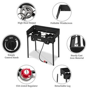 ROVSUN 2 Burner Outdoor Propane Gas Stove with Windscreen, 150,000 BTU High Pressure Stand Cooker for Backyard Cooking Camping Home Brewing Canning Turkey Frying, 20 PSI Regulator